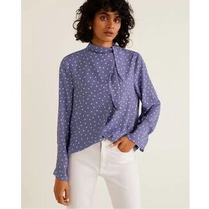 MANGO Periwinkle Purple & White Spotted Polka Dot Tie Neck Blouse Top XS